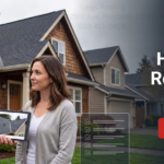 A roofing contractor shows a homeowner a roof estimate on a tablet outside a suburban house, with text offering a roof replacement estimate.