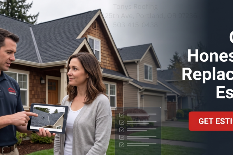 A roofing contractor shows a homeowner a roof estimate on a tablet outside a suburban house, with text offering a roof replacement estimate.