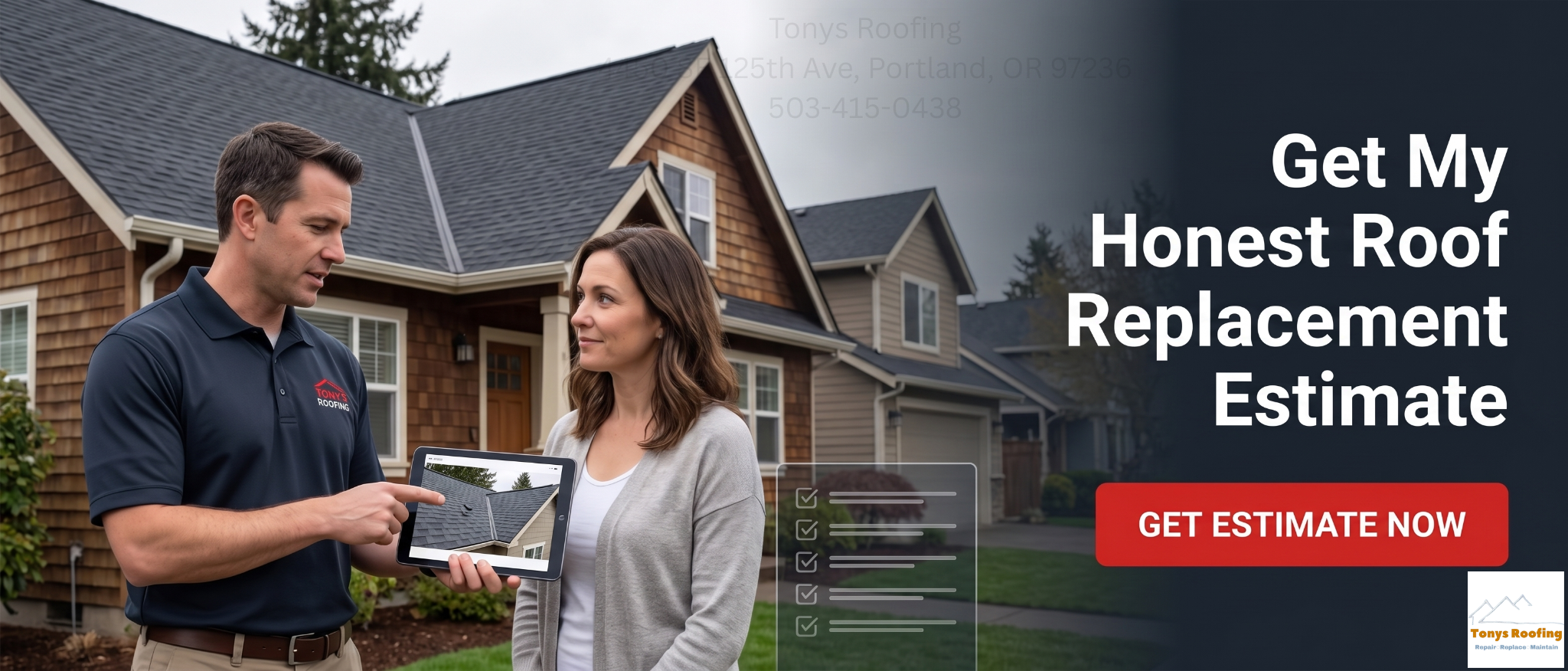 A roofing contractor shows a homeowner a roof estimate on a tablet outside a suburban house, with text offering a roof replacement estimate.