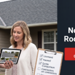 A man shows a woman a roof evaluation on a tablet outside a house. Text offers a no-pressure roof evaluation and warns to avoid roofing scams.