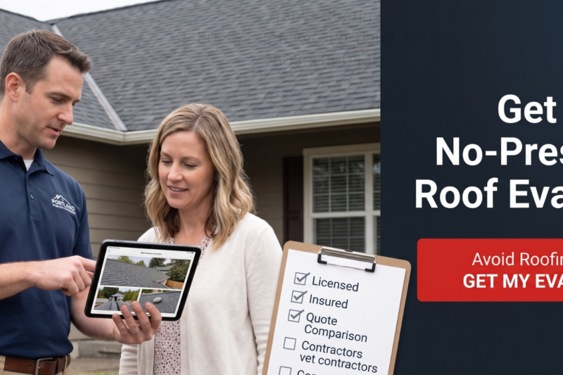 A man shows a woman a roof evaluation on a tablet outside a house. Text offers a no-pressure roof evaluation and warns to avoid roofing scams.