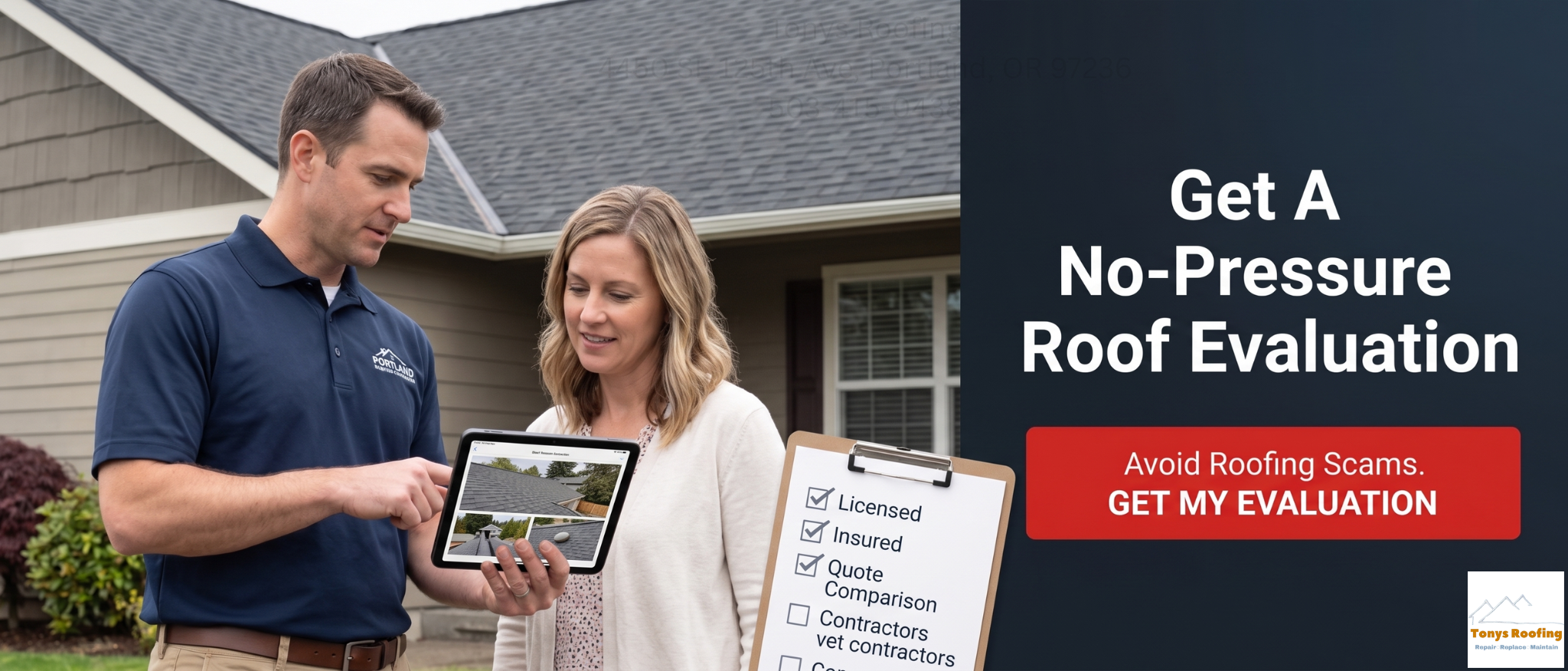 A man shows a woman a roof evaluation on a tablet outside a house. Text offers a no-pressure roof evaluation and warns to avoid roofing scams.
