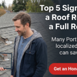 A roofer shows a tablet with a roof image to a homeowner on a gray shingle roof; text discusses roof repair signs and urges a roof evaluation.