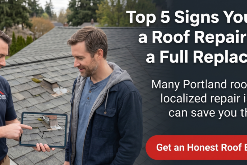 A roofer shows a tablet with a roof image to a homeowner on a gray shingle roof; text discusses roof repair signs and urges a roof evaluation.