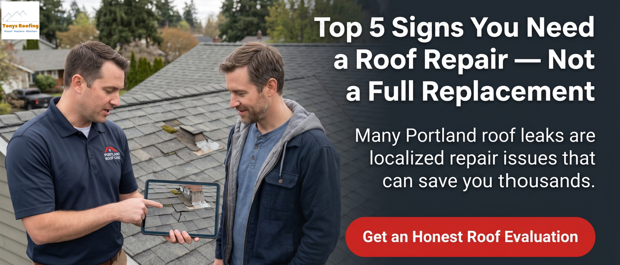 A roofer shows a tablet with a roof image to a homeowner on a gray shingle roof; text discusses roof repair signs and urges a roof evaluation.