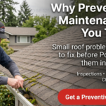 A roofer clears debris from a house roof. Text promotes preventive roof maintenance to avoid costly repairs, highlighting services like inspections and gutter maintenance.