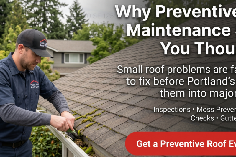 A roofer clears debris from a house roof. Text promotes preventive roof maintenance to avoid costly repairs, highlighting services like inspections and gutter maintenance.