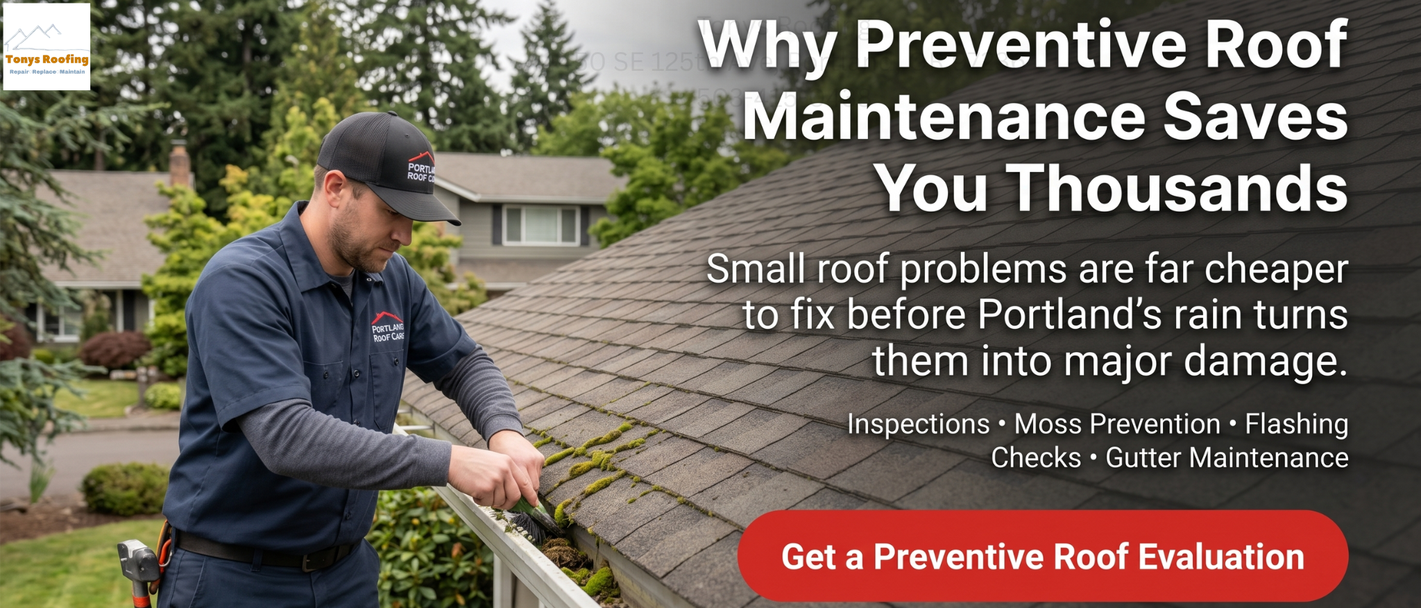 A roofer clears debris from a house roof. Text promotes preventive roof maintenance to avoid costly repairs, highlighting services like inspections and gutter maintenance.