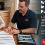 A man and woman review roofing estimate documents at a kitchen table, with a tablet and papers listing flashing, ventilation, and warranty details.