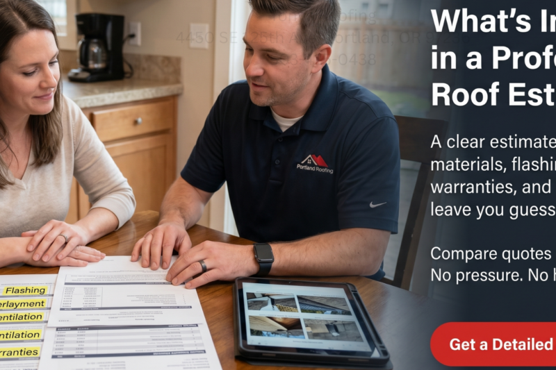 A man and woman review roofing estimate documents at a kitchen table, with a tablet and papers listing flashing, ventilation, and warranty details.