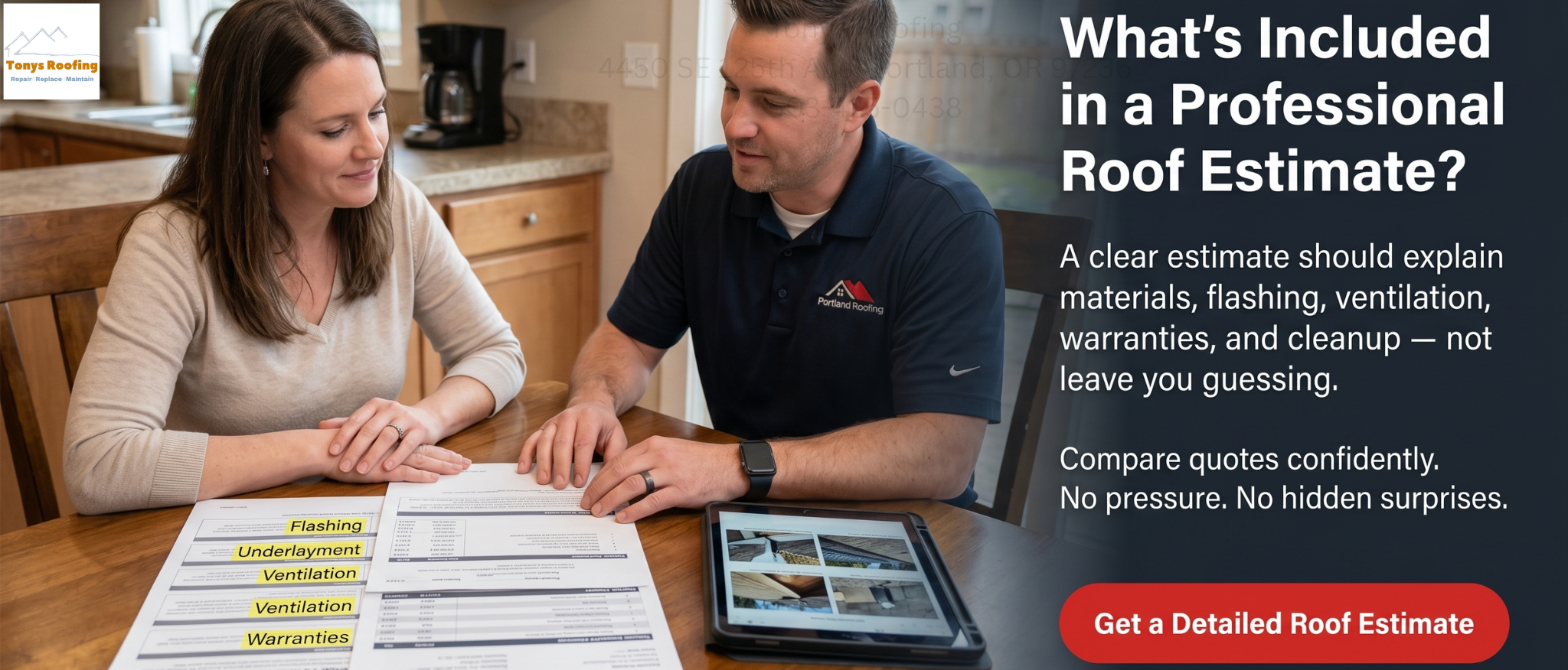 A man and woman review roofing estimate documents at a kitchen table, with a tablet and papers listing flashing, ventilation, and warranty details.