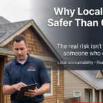 A roofing professional shows a clipboard to a woman outside a house, with text promoting the benefits of hiring local roofing contractors.