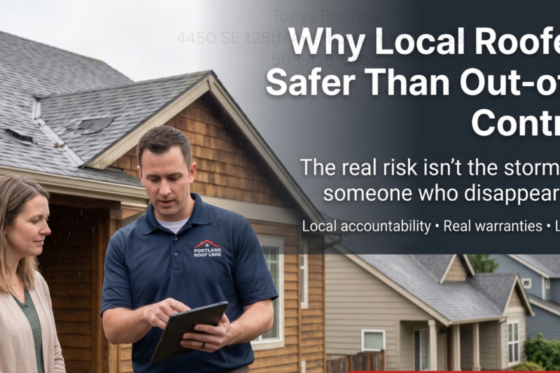 A roofing professional shows a clipboard to a woman outside a house, with text promoting the benefits of hiring local roofing contractors.