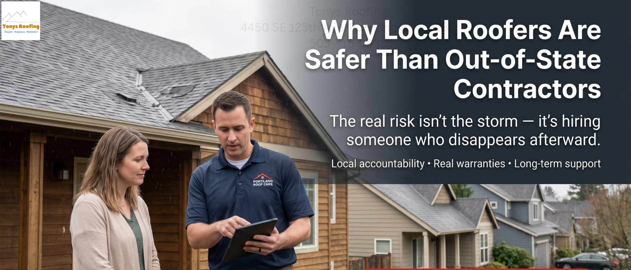 A roofing professional shows a clipboard to a woman outside a house, with text promoting the benefits of hiring local roofing contractors.