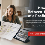 A man and woman review roofing documents at a table, with a tablet displaying information. Text offers tips on understanding roofing quotes and a button for a written estimate.