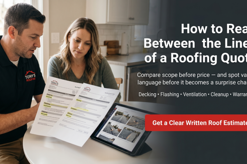 A man and woman review roofing documents at a table, with a tablet displaying information. Text offers tips on understanding roofing quotes and a button for a written estimate.