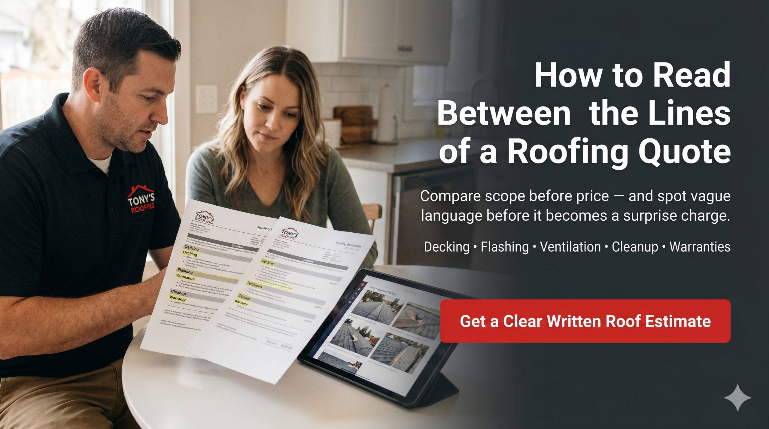 A man and woman review roofing documents at a table, with a tablet displaying information. Text offers tips on understanding roofing quotes and a button for a written estimate.