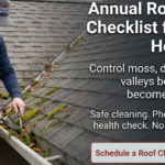 A worker removes moss from a house roof with tools. Text on image promotes annual roof cleaning and health checks for Portland homeowners.