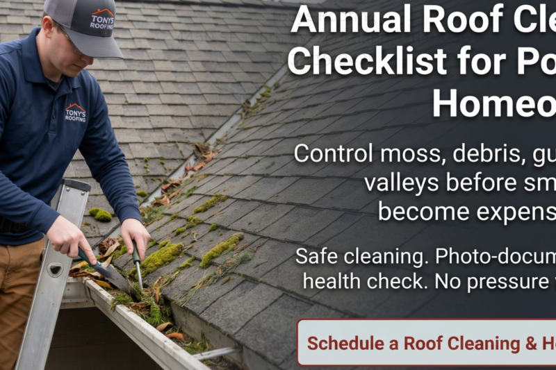 A worker removes moss from a house roof with tools. Text on image promotes annual roof cleaning and health checks for Portland homeowners.