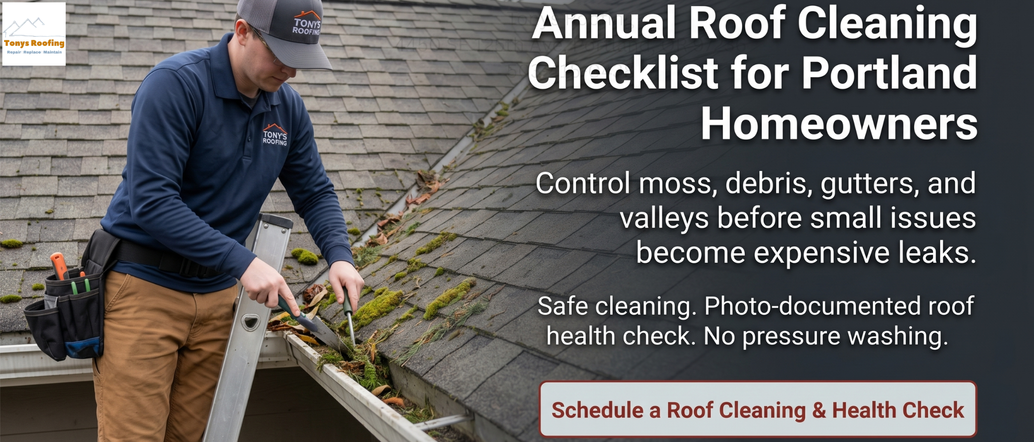 A worker removes moss from a house roof with tools. Text on image promotes annual roof cleaning and health checks for Portland homeowners.