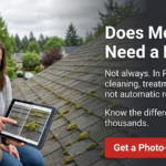 Two people examine moss on a house roof using a tablet, with text discussing moss and roof replacement options.