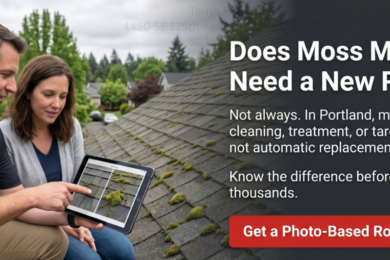 Two people examine moss on a house roof using a tablet, with text discussing moss and roof replacement options.