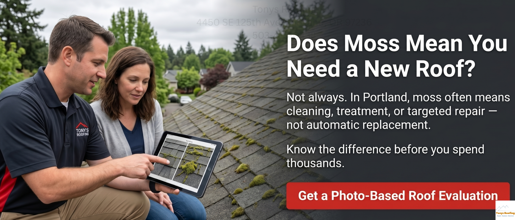 Two people examine moss on a house roof using a tablet, with text discussing moss and roof replacement options.