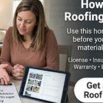 A man and woman review a roofing contractor checklist at a table with documents and a tablet; text highlights steps for vetting a contractor.
