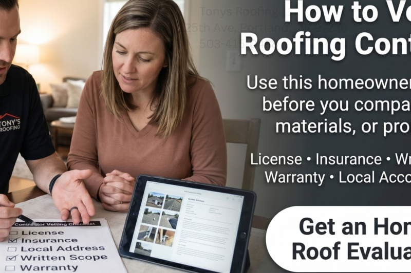 A man and woman review a roofing contractor checklist at a table with documents and a tablet; text highlights steps for vetting a contractor.