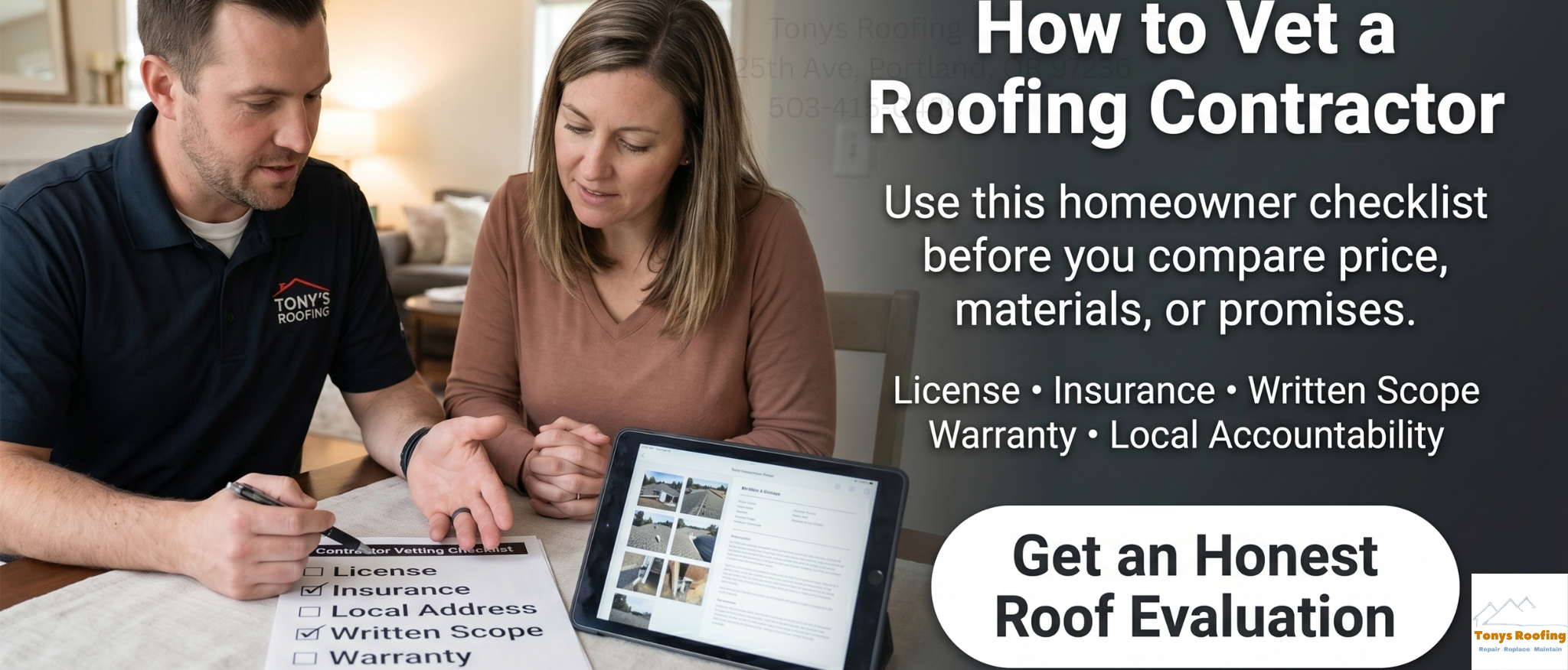 A man and woman review a roofing contractor checklist at a table with documents and a tablet; text highlights steps for vetting a contractor.