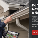 Two people examine a house’s gutters; one points at the gutter while the other holds a tablet. Text discusses factors for replacing gutters with a new roof and offers a roof and gutter evaluation.