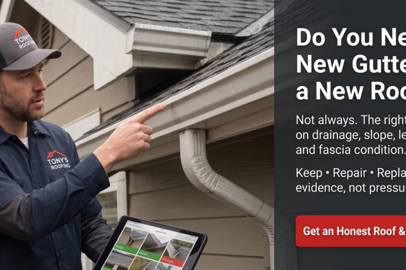 Two people examine a house’s gutters; one points at the gutter while the other holds a tablet. Text discusses factors for replacing gutters with a new roof and offers a roof and gutter evaluation.