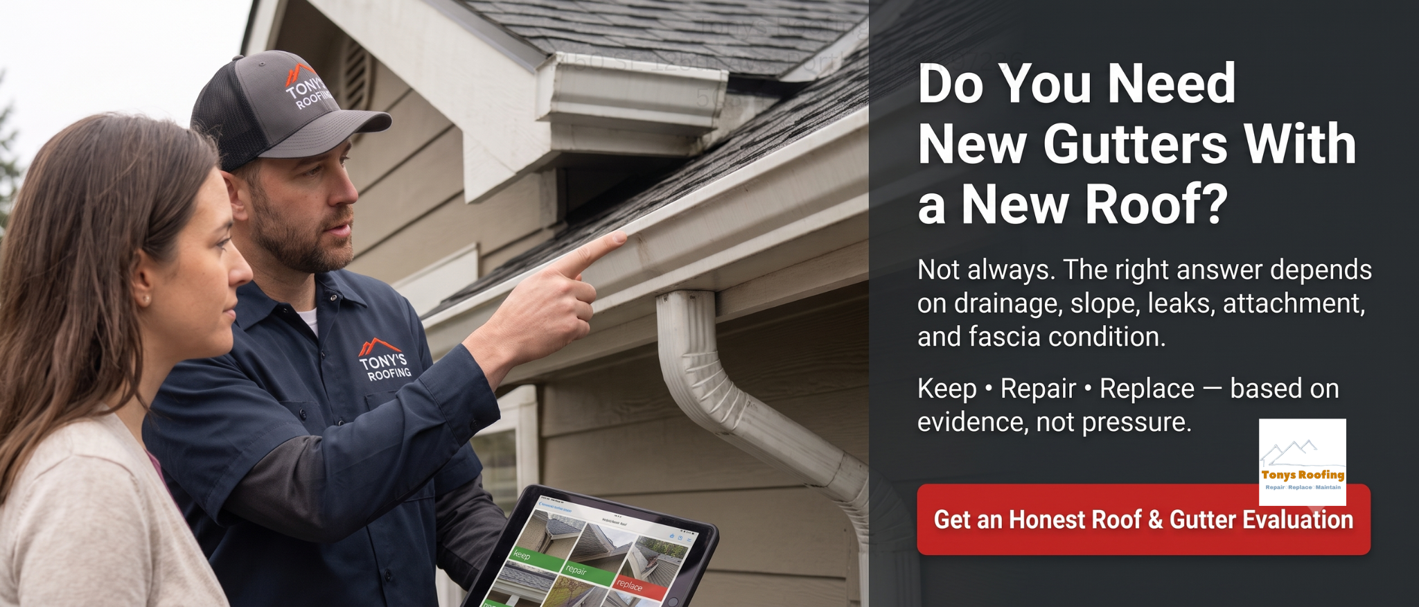 Two people examine a house’s gutters; one points at the gutter while the other holds a tablet. Text discusses factors for replacing gutters with a new roof and offers a roof and gutter evaluation.