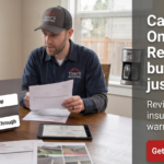 A man and a woman review roofing documents at a table. Inset shows review categories: communication, cleanup, support, and follow-through. Text advises checking more than ratings for roofing services.