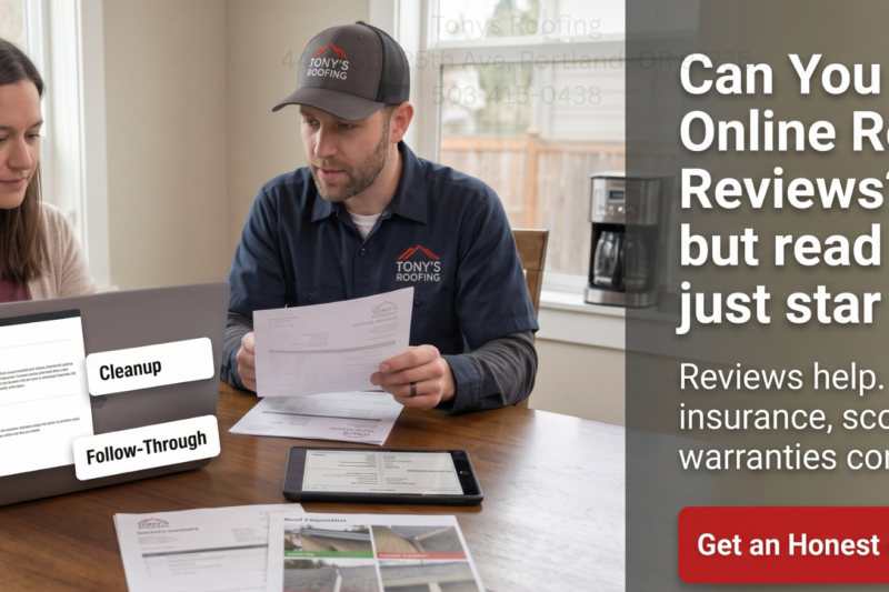 A man and a woman review roofing documents at a table. Inset shows review categories: communication, cleanup, support, and follow-through. Text advises checking more than ratings for roofing services.