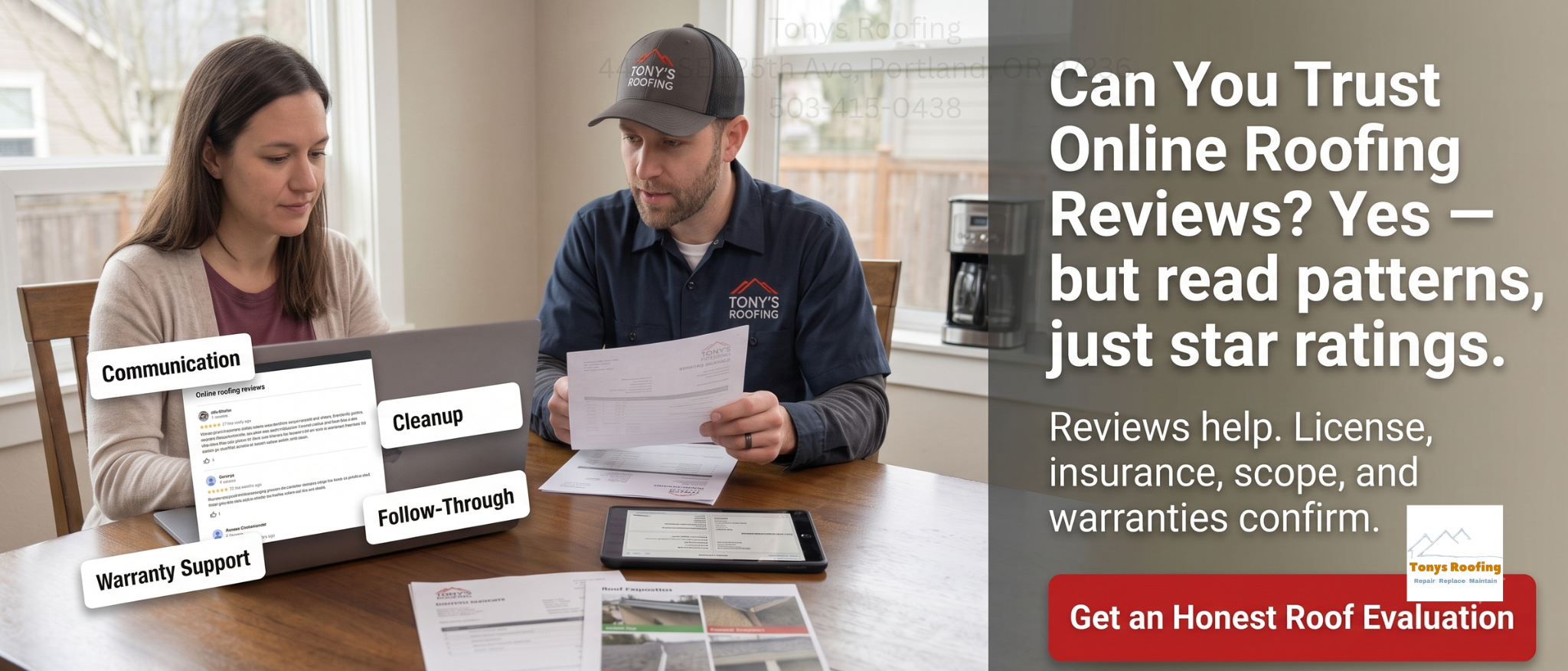 A man and a woman review roofing documents at a table. Inset shows review categories: communication, cleanup, support, and follow-through. Text advises checking more than ratings for roofing services.