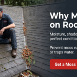 A roofer points to moss on a shingled roof while another person takes notes; text explains causes of roof moss and offers a moss prevention check.