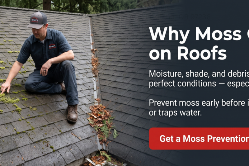 A roofer points to moss on a shingled roof while another person takes notes; text explains causes of roof moss and offers a moss prevention check.