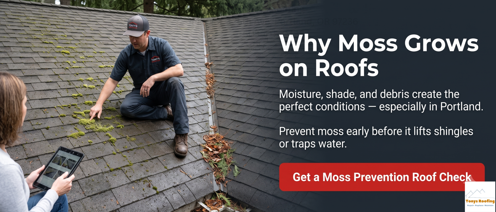 A roofer points to moss on a shingled roof while another person takes notes; text explains causes of roof moss and offers a moss prevention check.