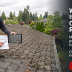 A man kneels on a shingled roof, showing a tablet and paper, with text about the importance of cleaning roofs to prevent damage and a red button for scheduling a roof cleaning.