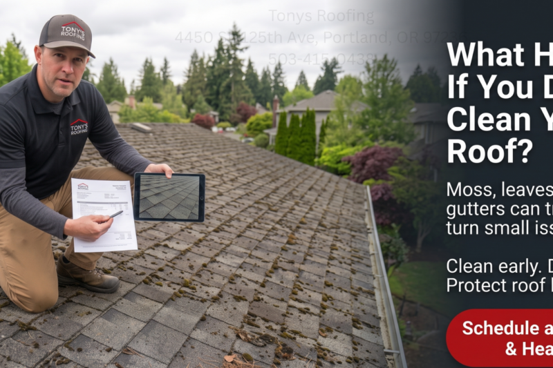A man kneels on a shingled roof, showing a tablet and paper, with text about the importance of cleaning roofs to prevent damage and a red button for scheduling a roof cleaning.