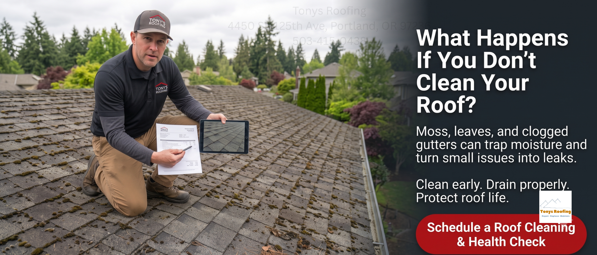 A man kneels on a shingled roof, showing a tablet and paper, with text about the importance of cleaning roofs to prevent damage and a red button for scheduling a roof cleaning.